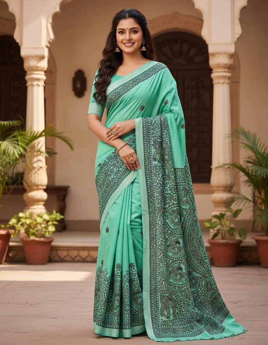 Morni spring Green Hand painted Madhubani blend Saree