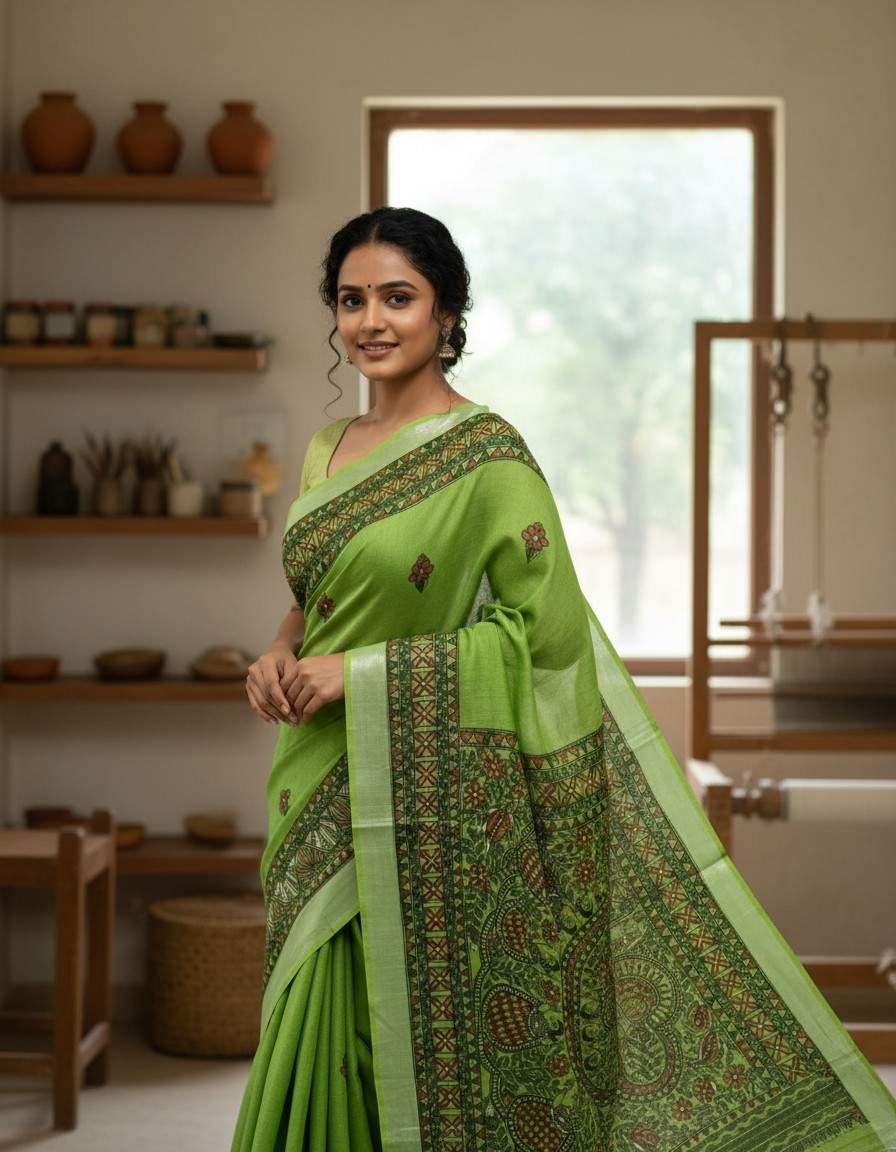 'MadhuNritya' Forest Green Hand Painted Madhubani Blend Saree