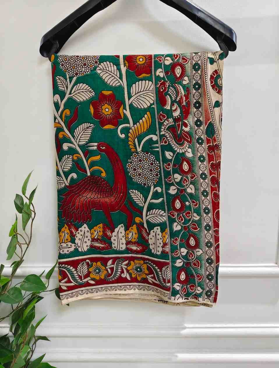 'Pakshiraji' Green canvas cotton Kalamkari Saree