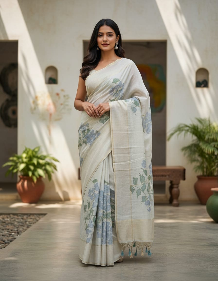 Floral Art Jamdani Saree - off white with blue Motifs