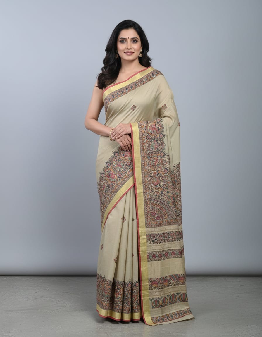 'JHASANAM ' Hand painted Madhubani Blend Saree