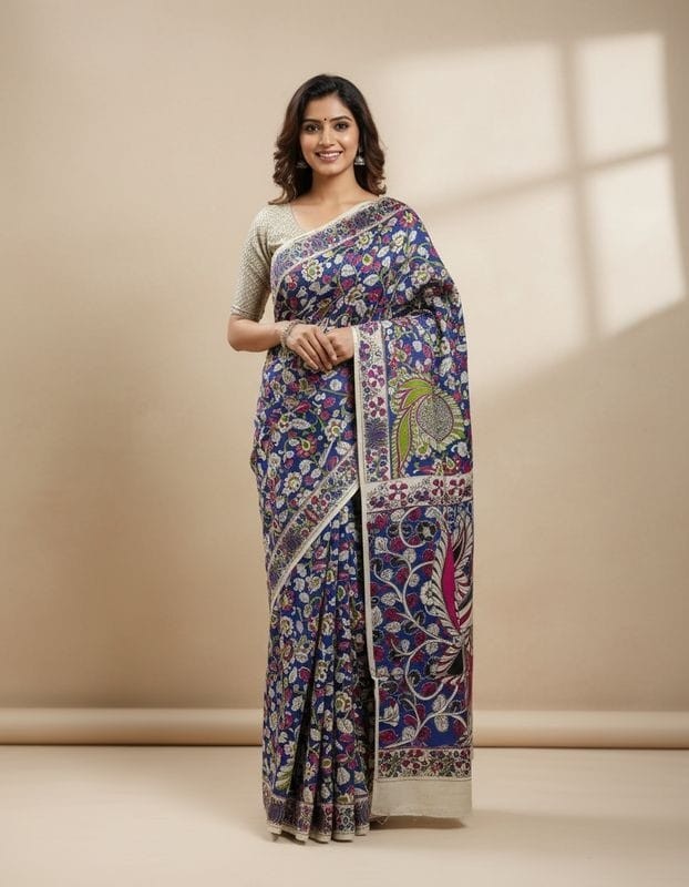 'Mayurakanta' Deep Blue Base with Peacock & Floral Motifs cotton Kalamkari Saree
