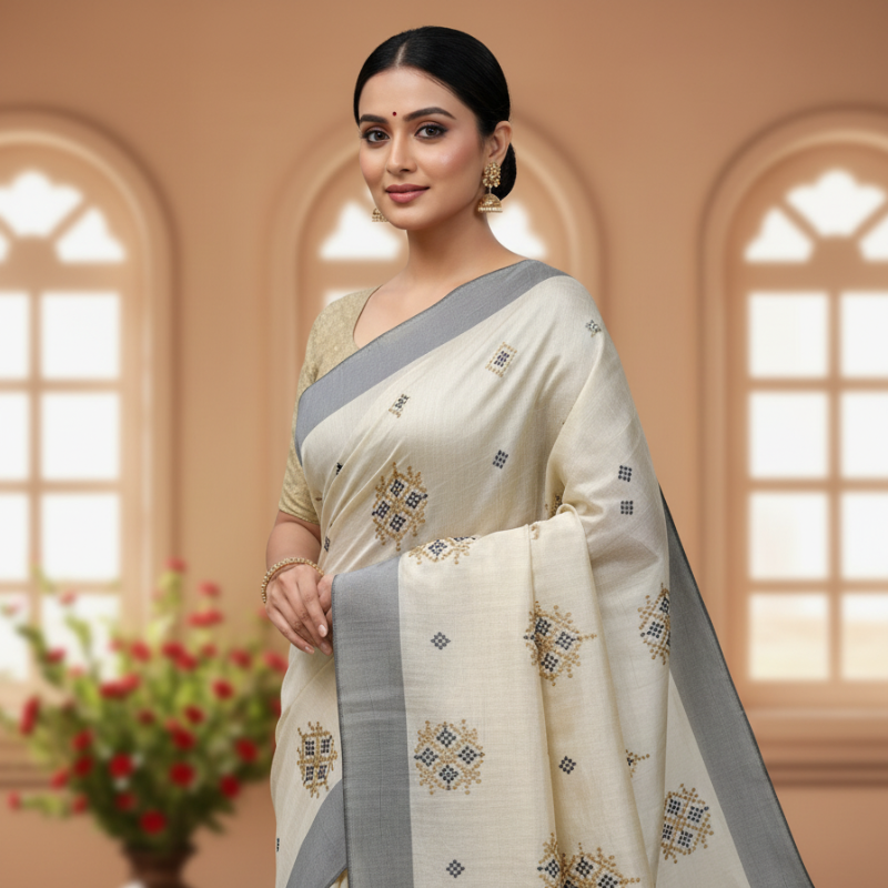 Hand stitched Matka Silk with Grey Border – Rangoli Design.