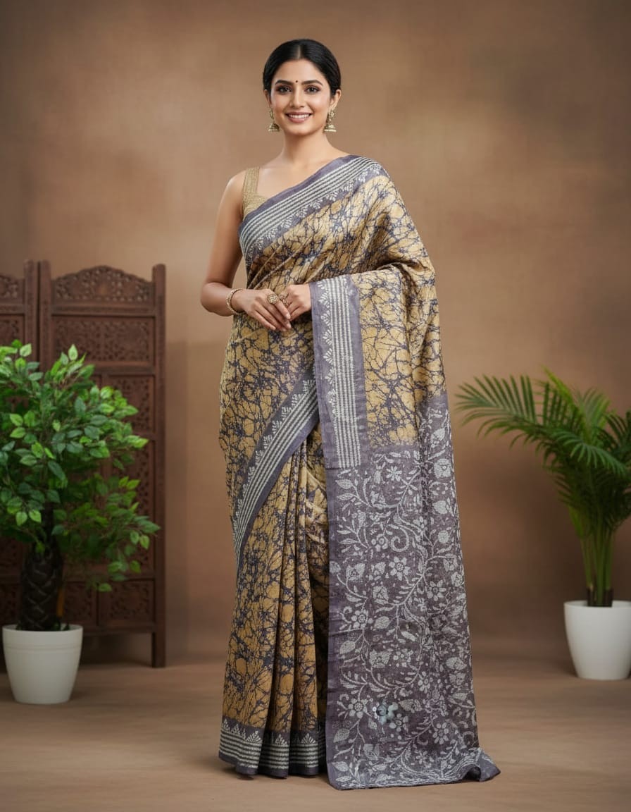 Bangalore Silk Kantha Saree - Battick English Buff