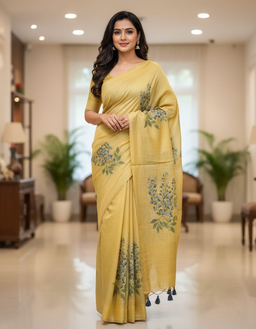 Floral Art Jamdani Saree - Yellow Blossom