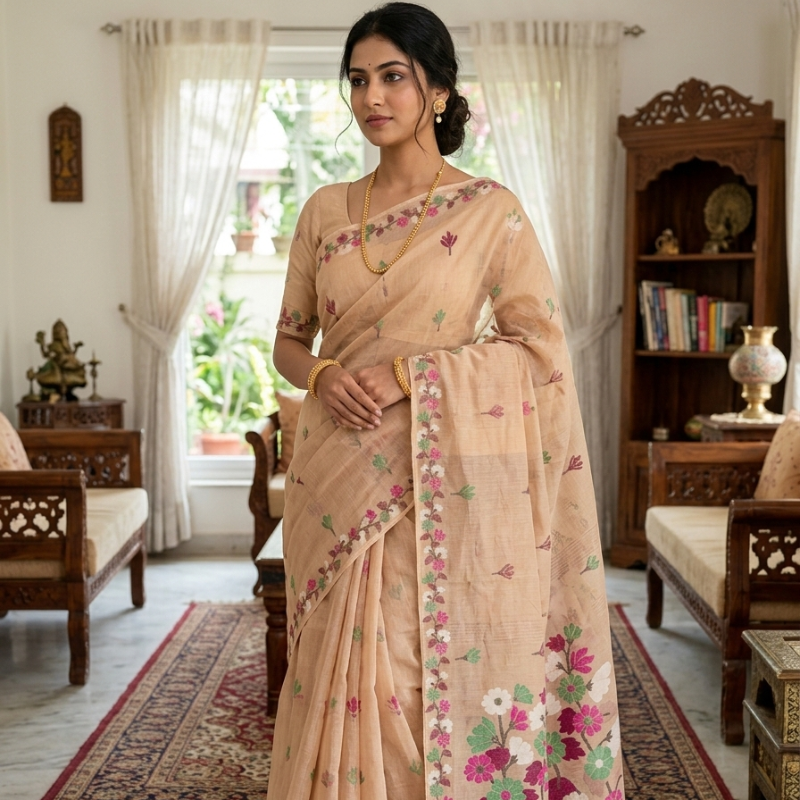 Floral Weave Muga Jamdani Saree - Cream