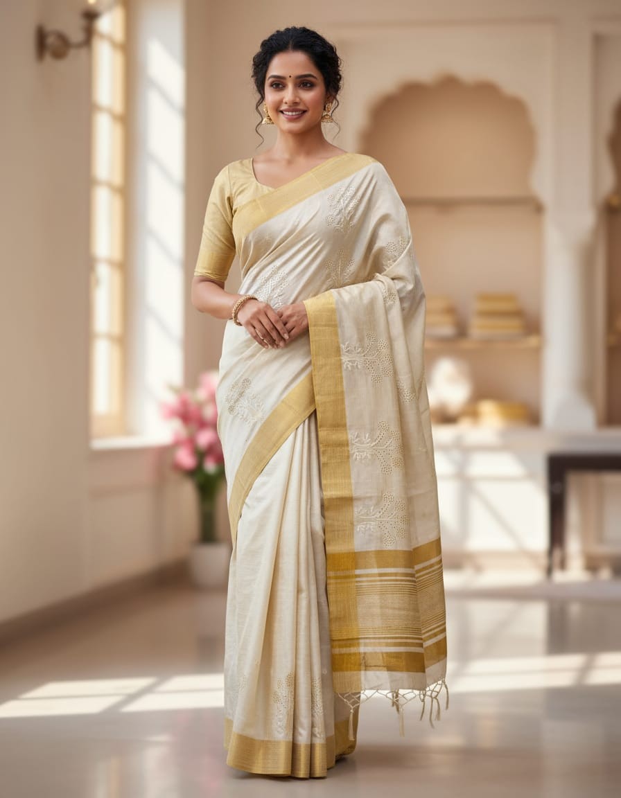 Odisha Special Matka Silk with Golden Border - Dotted Tree Design