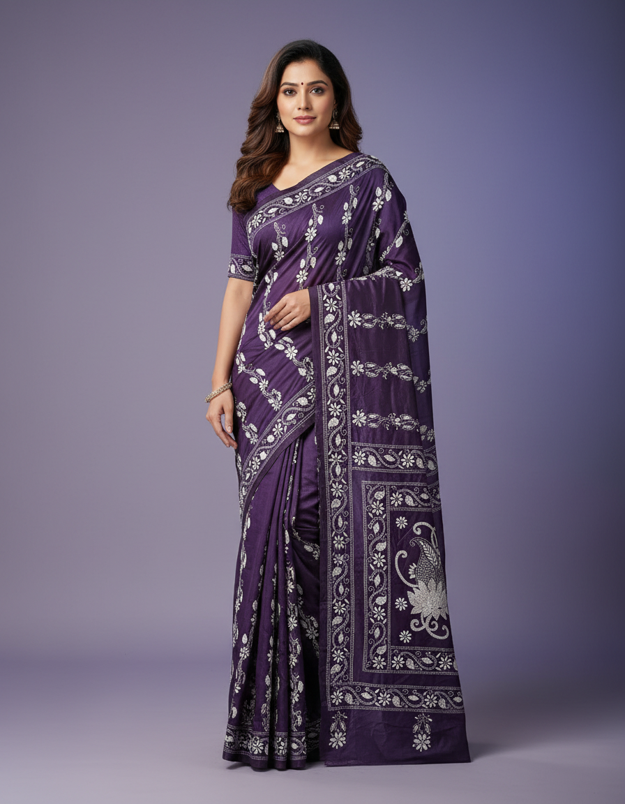 Bangalore Silk Blend Kantha Saree - Purple With Lotus Design