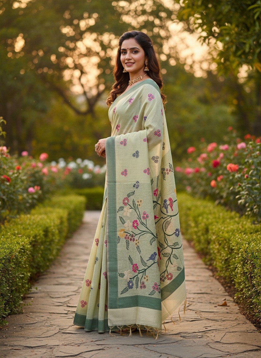 Bird Motif Muga Jamdani Saree- Light Green