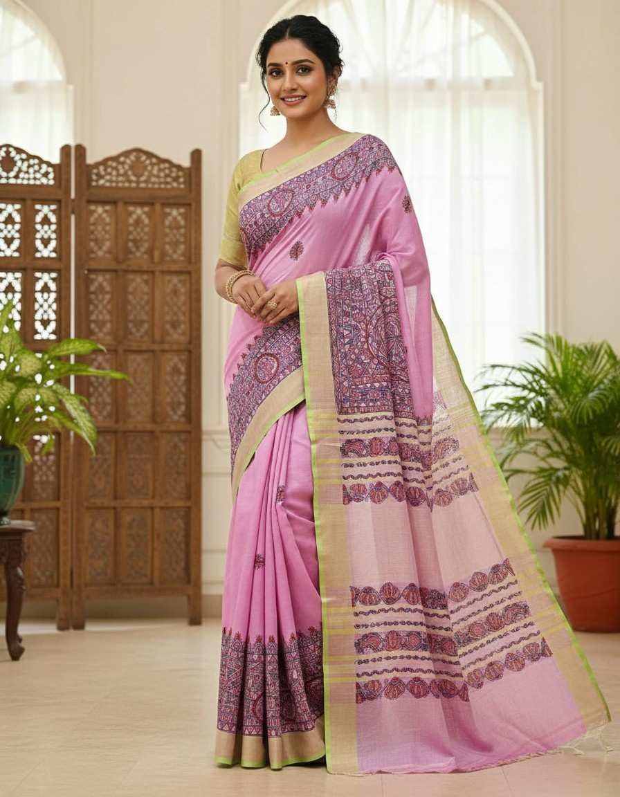 'Gulabi Surmai' Hand painted Madhubani Blend Saree