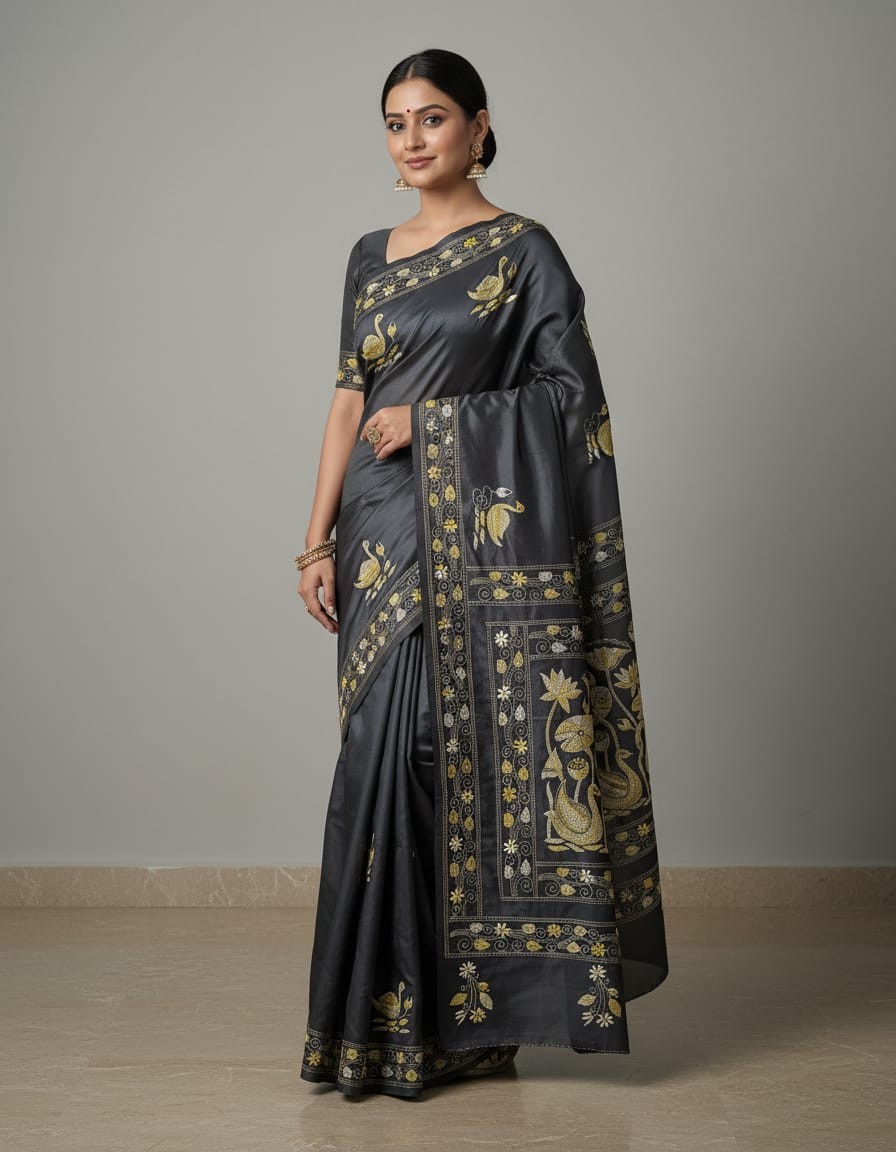 Bangalore Silk Blend Kantha Saree - Black With White and Yellow Color Work