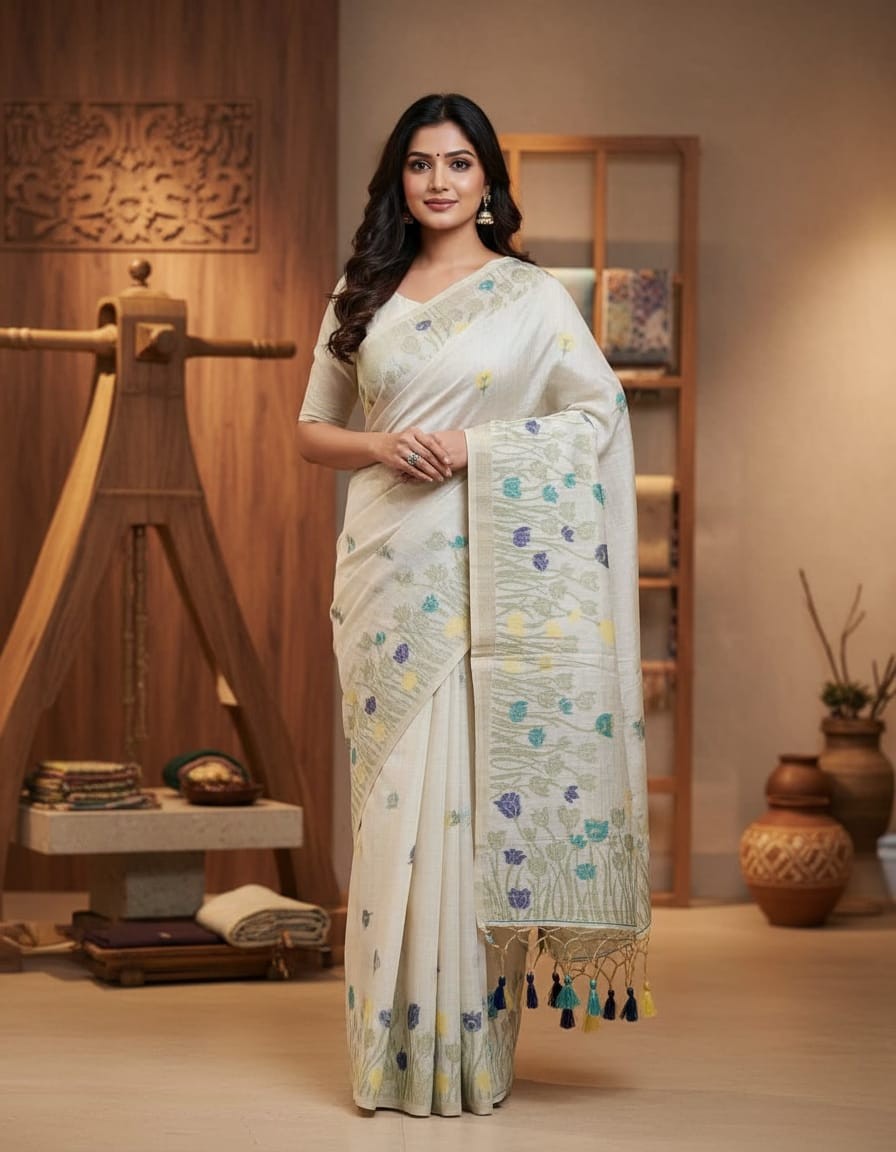 Muga Assam Silk - Off White with Berry Sapphire floral bloom