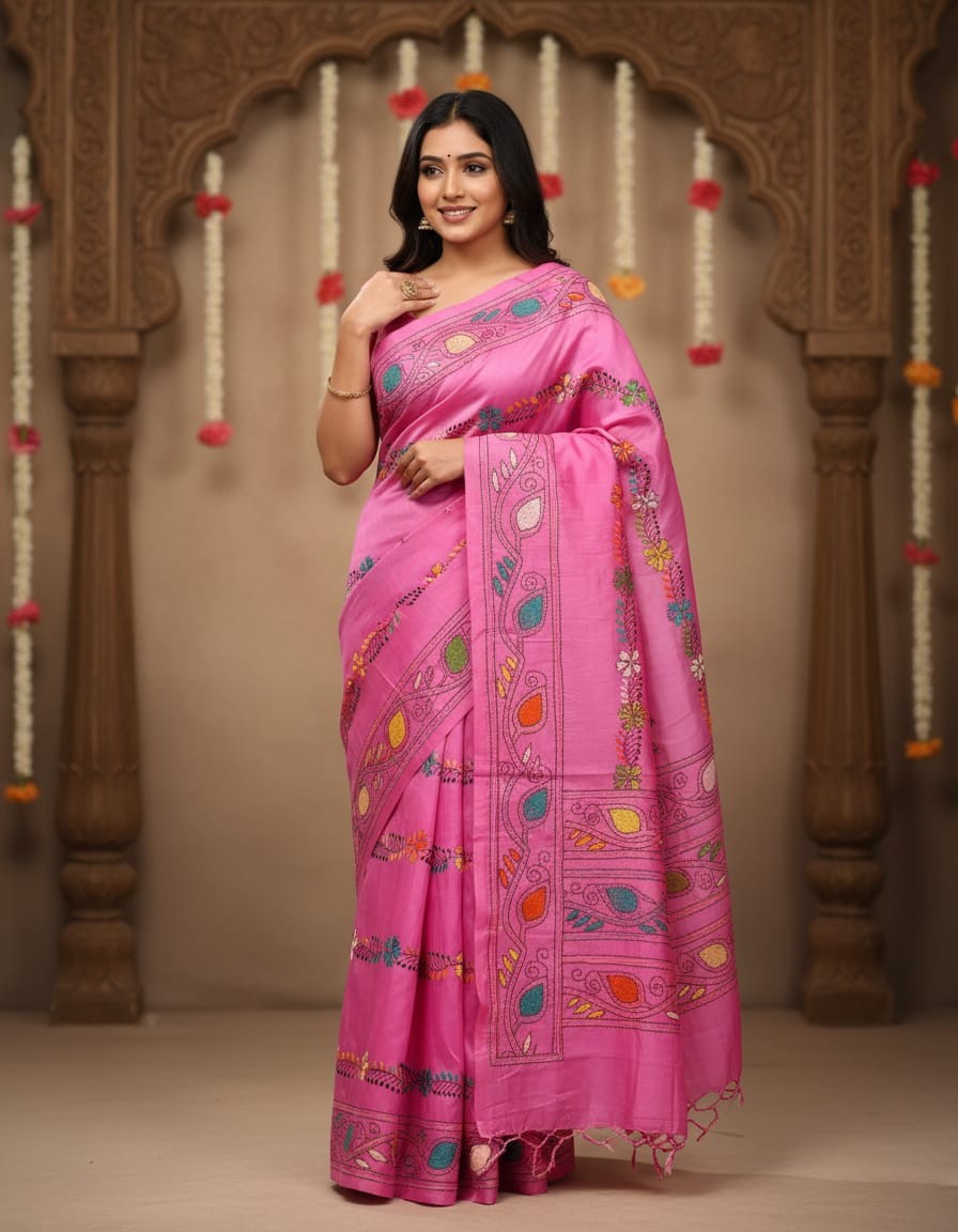 Bangalore Silk Blend Kantha Saree -  Light Pink