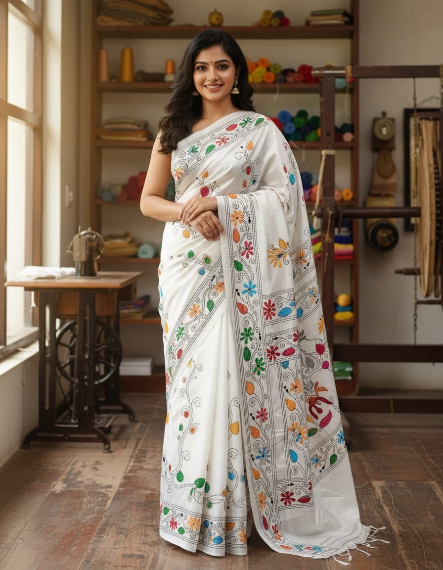 Bangalore Silk Blend Kantha Saree - White with Multicolor Design