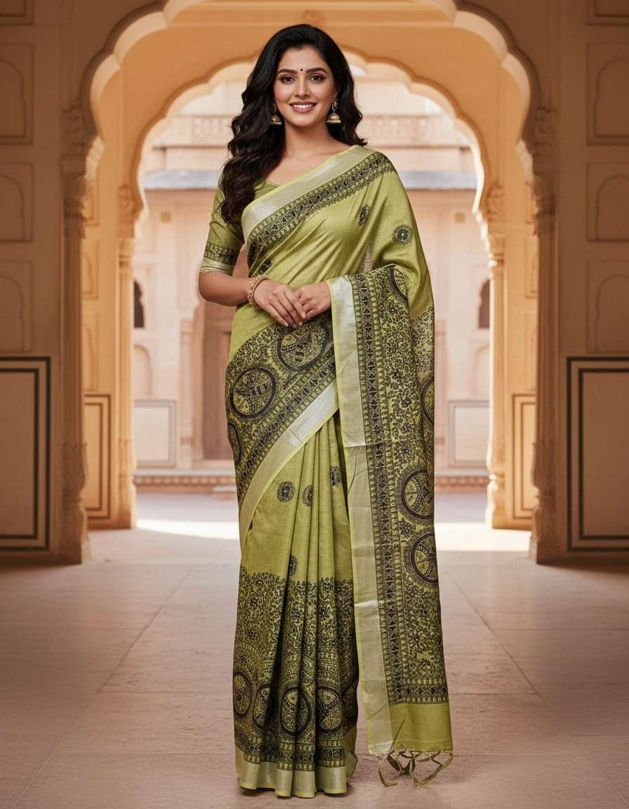 'Matsya Hari Priya' Olive Green kachni Hand painted Madhubani Blend Saree