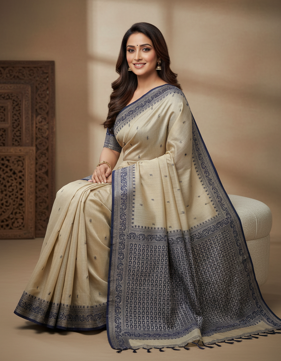 Floral Art Muga Jamdani Saree -  Beige with Blue Flower Design